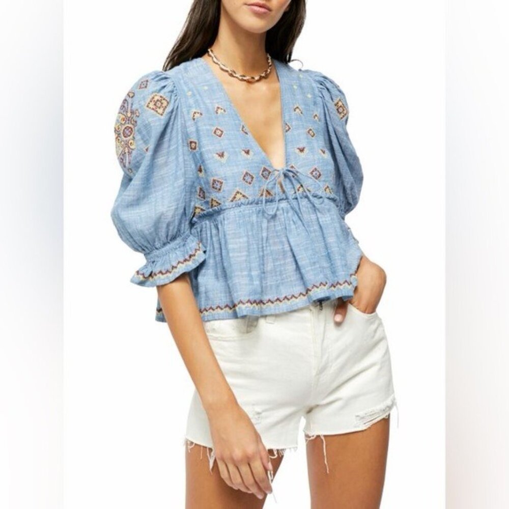 Free People Blue Embroidered Tie-Front Peasant Crop Top Chambray XS